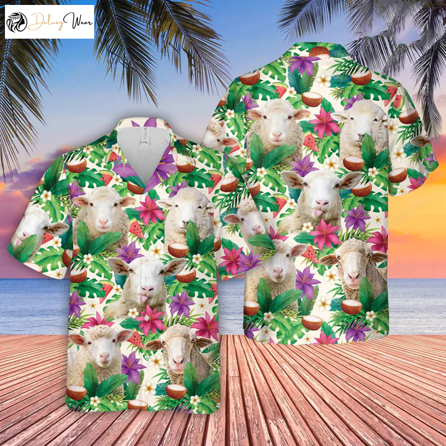 Farm Lover Hawaiian Shirt: Men s Sheep Summer Floral Tropical Gift