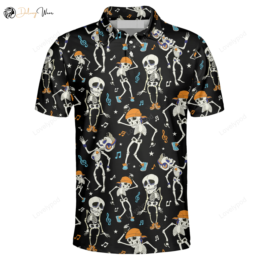 Spooky Hawaiian Halloween Polo Shirt for Men - Skeleton Music Lover Gift