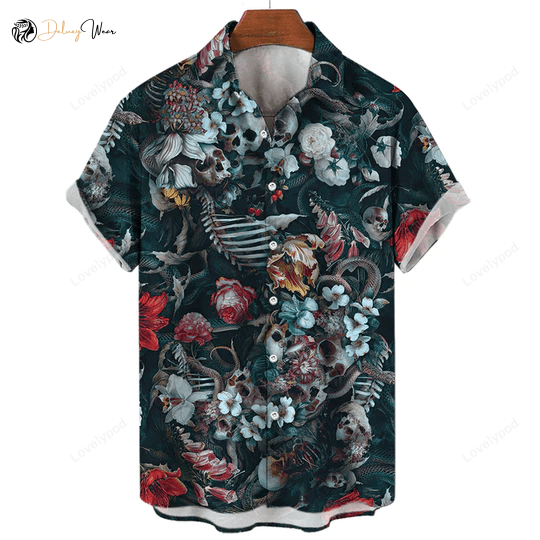 Men s Skull & Snack Flower Hawaiian Shirt – Short Sleeve Aloha Gift for Skull Lovers