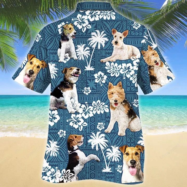 Blue Tribal Pattern Hawaiian Shirt for Smart Wire Fox Terrier Dogs in Tropical Forest Design