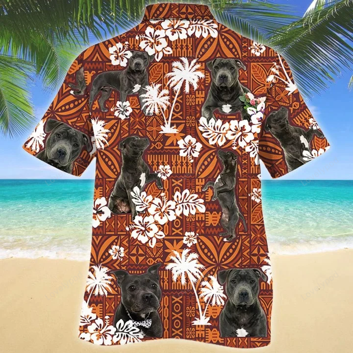 Stylish Staffordshire Bull Terrier Dog Shirt with Red and Orange Tribal Pattern – Perfect for Hawaiian Vibes!