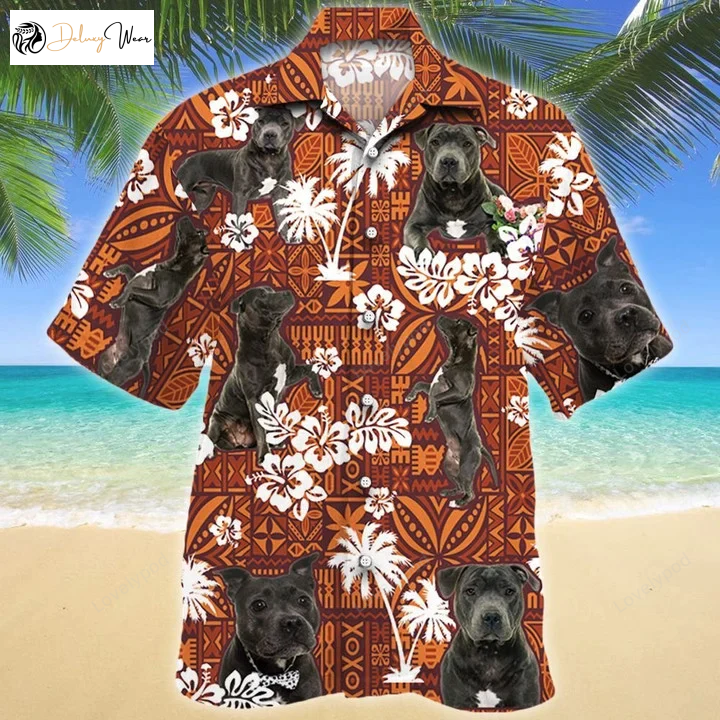 Stylish Staffordshire Bull Terrier Dog Shirt with Red and Orange Tribal Pattern – Perfect for Hawaiian Vibes!