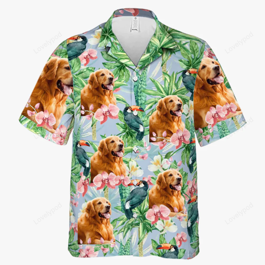 Custom Tropical Bird Flower Hawaiian Shirt – Personalized Unisex with Dog and Cat Faces – Perfect Gift for Pet Owners & Lovers