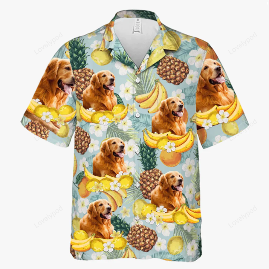 Tropical Fruit Pattern – Custom Unisex Hawaiian Shirt with Dog & Cat Faces – Upload Image!