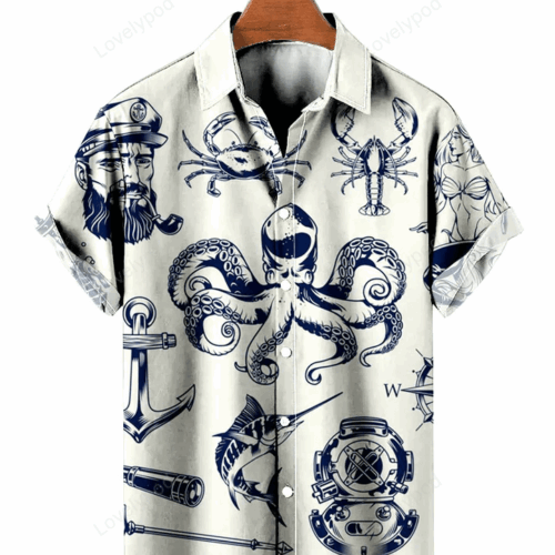 Vintage Hawaiian Shirt Gift for Men Dad Fathers: Nautical Mermaid Easy Care Aloha Shirts – Stylish & Low Maintenance