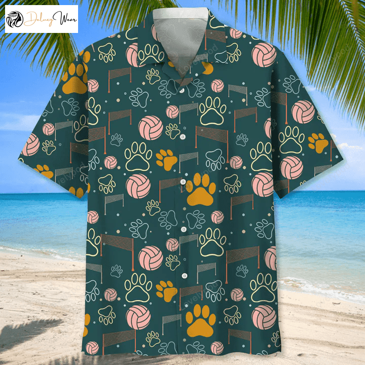 Men s Hawaiian Volleyball and Dog Shirt: Short Sleeve Summer Beach Vacation Top
