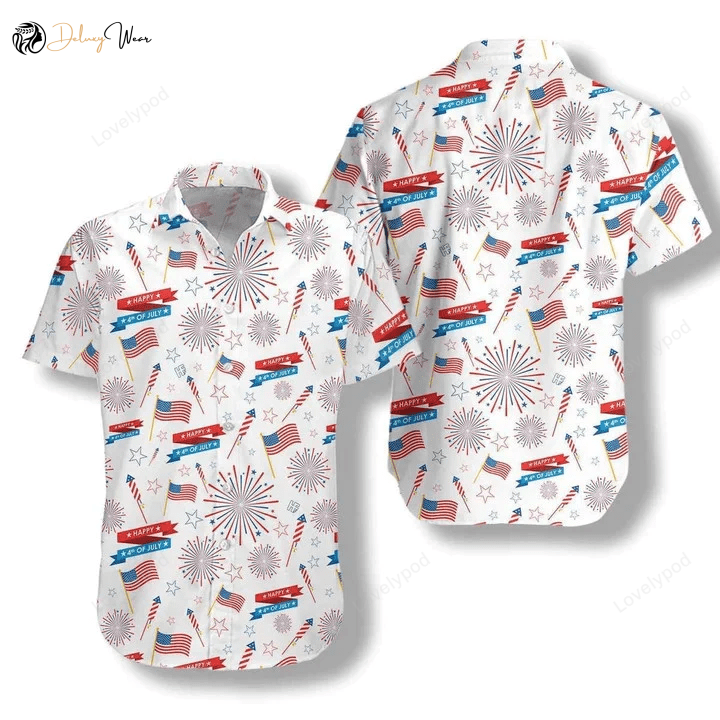 4th of July Hawaii Shirt: Flag on White Watercolor Hawaiian Shirt Gift for Men Dad Father