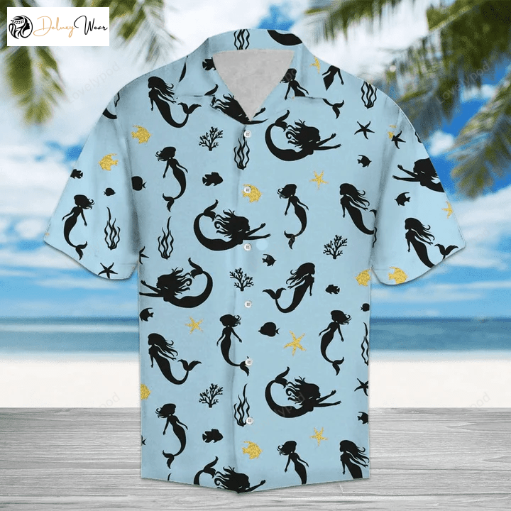 Stunning Mermaid Pattern Blue Hawaiian Shirt Gift for Men Dad Father – Unleash Your Inner Beach Style!