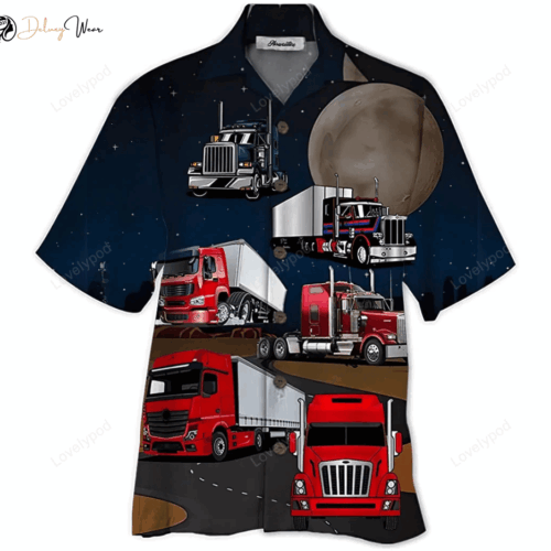Stylish Truck Driver Moon Short Hawaiian Shirt Gift for Men Dad Father – Button Up Aloha Shirt for Men & Women