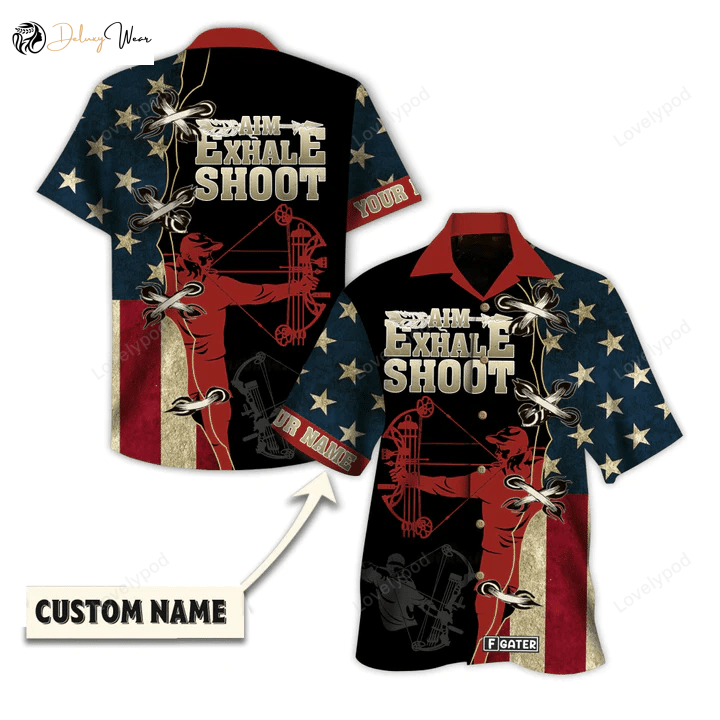 Custom Hawaiian Shirt Gift for Men Dad Father: American Archery Aim – Exhale – Shoot with Personalized Name