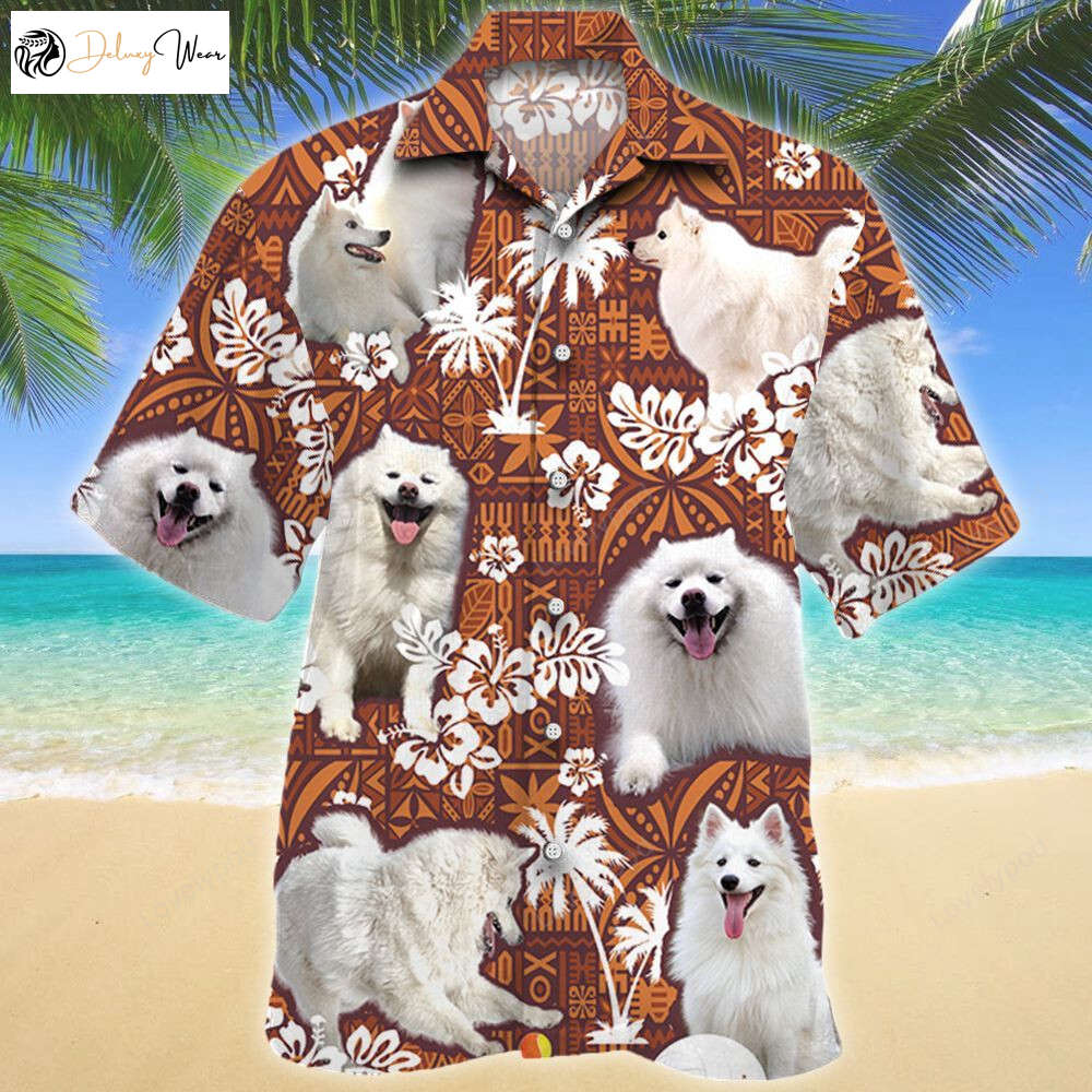 Stylish American Eskimo Dog Red Tribal Pattern Hawaiian Shirt Gift for Men Dad Father for Men – Short Sleeve Aloha Shirt