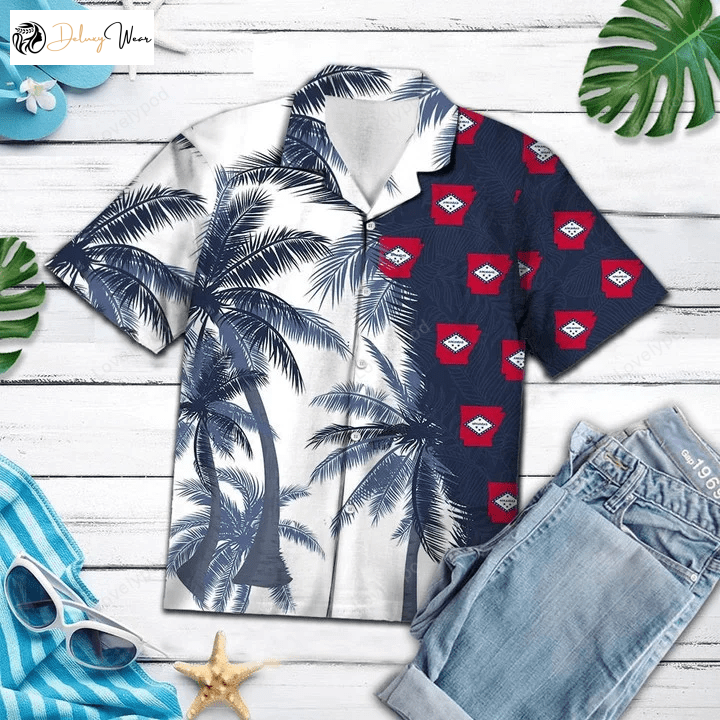 Stylish Arkansas Flag Hawaiian Shirt Gift for Men Dad Father with Palm Trees Design – Perfect for Beach Lovers!