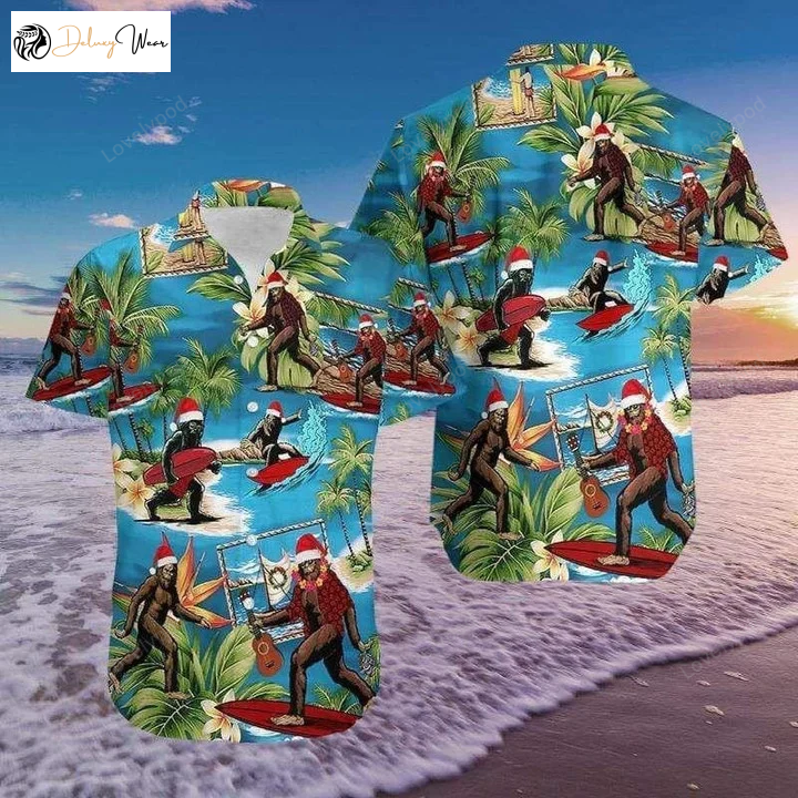 Festive Holiday Fun: Discover the Awesome Christmas Santa Bigfoot Hawaiian Shirt Gift for Men Dad Father