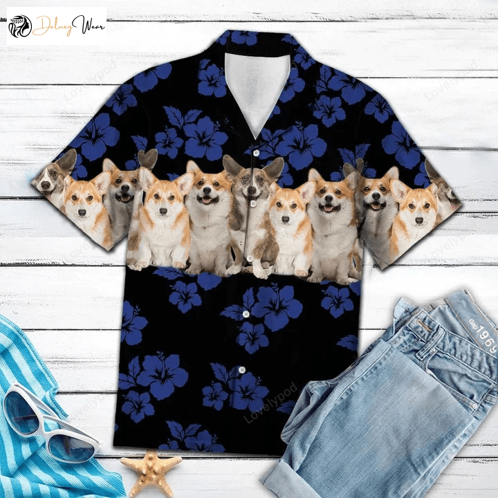 Stylish Pembroke Welsh Corgi Tropical Hibiscus Hawaiian Shirt Gift for Men Dad Father
