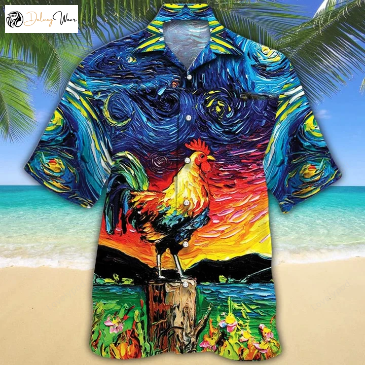 Night Sky Art Hawaiian Shirt Gift for Men Dad Father: Unique Rooster Gift for Animal Lovers