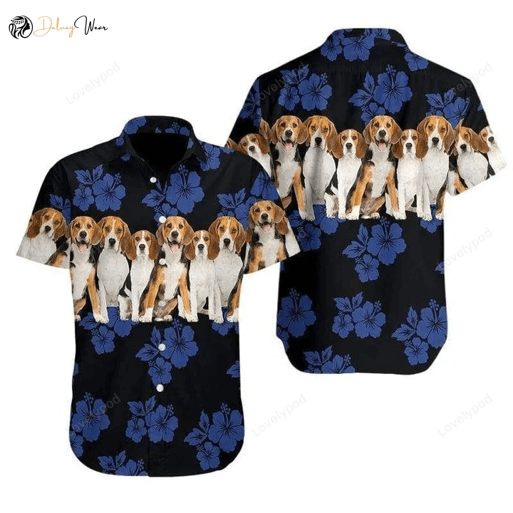 Beagle & Dog Hawaiian Shirt Gift for Men Dad Father: Tropical Hibiscus Pattern on Black – Stylish & Fun!
