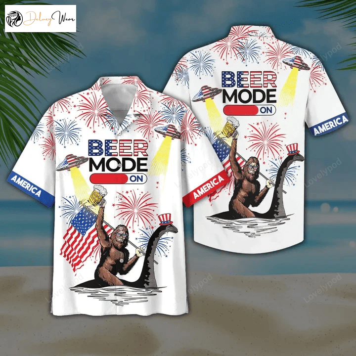 Get Into Beer Mode with Bigfoot UFO White Hawaiian Shirt Gift for Men Dad Father – Trendy Short Sleeve Aloha Shirt for Men