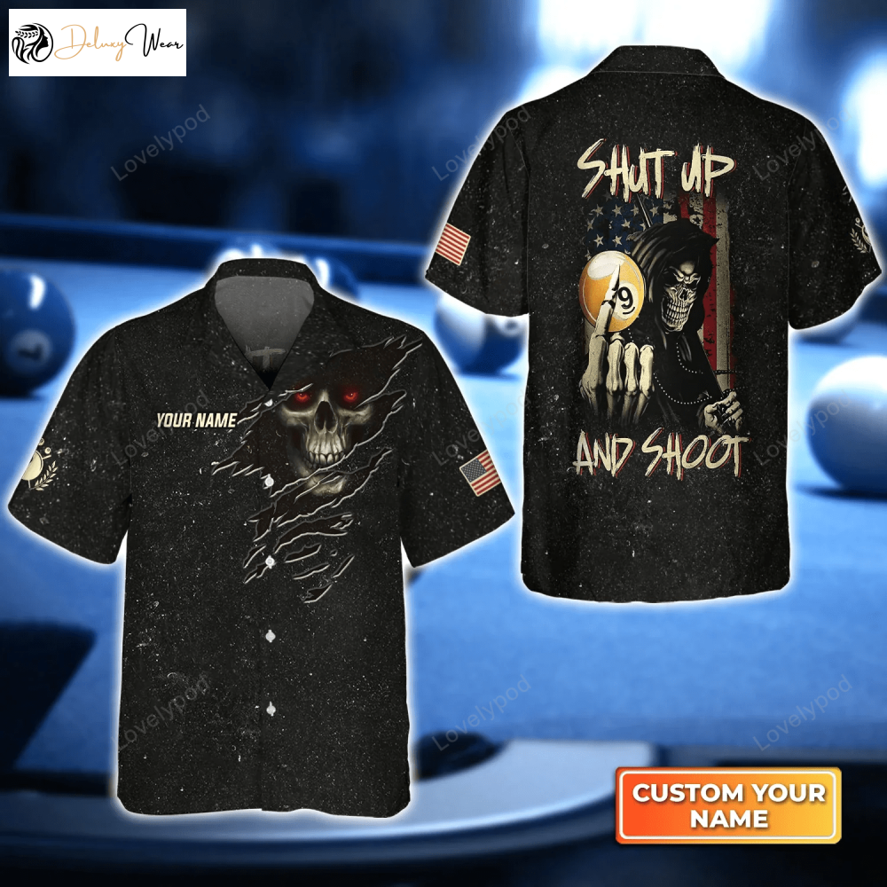 9 Ball Skull Shut Up And Shoot 3D Hawaiian Shirt Gift for Men Dad Father – Perfect Gift for Billiard Players