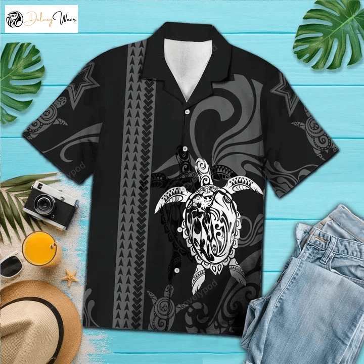 Stylish Black and White Maori Art Turtle Hawaiian Shirt Gift for Men Dad Father – Unique Beachwear