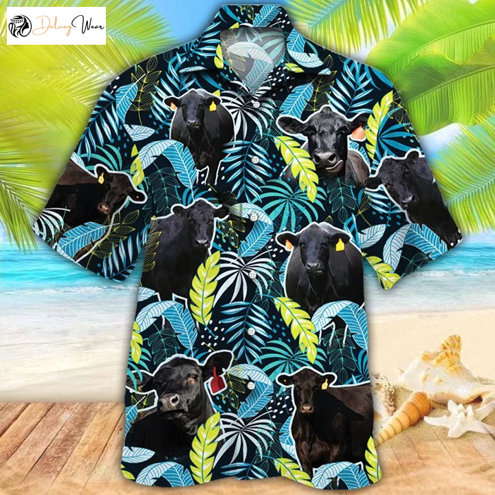 Black Angus Cattle Lovers Jungle Leaves Hawaiian Shirt Gift for Men Dad Father – Men & Women