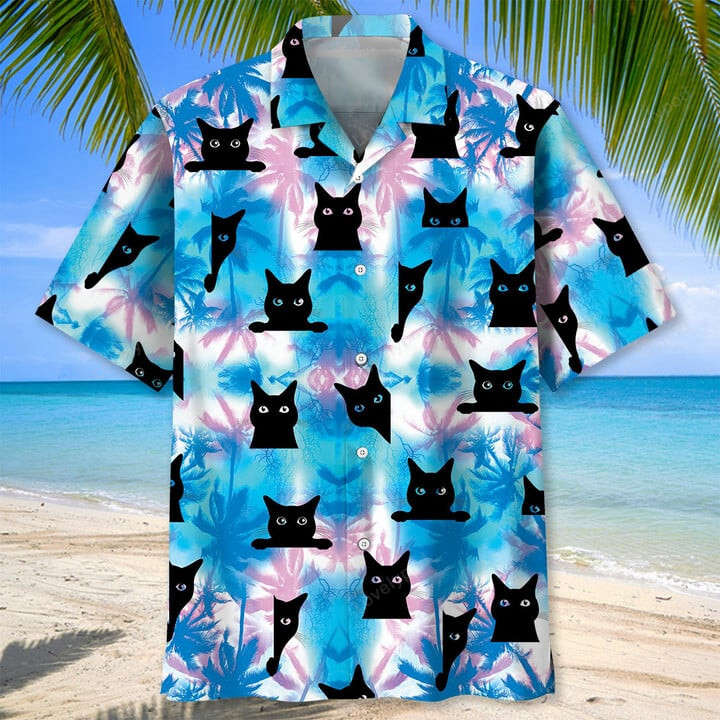 Black Cat Tropical Hawaiian Shirt Gift for Men Dad Father – Unisex Summer Beach Casual Short Sleeve Vacation Shirts