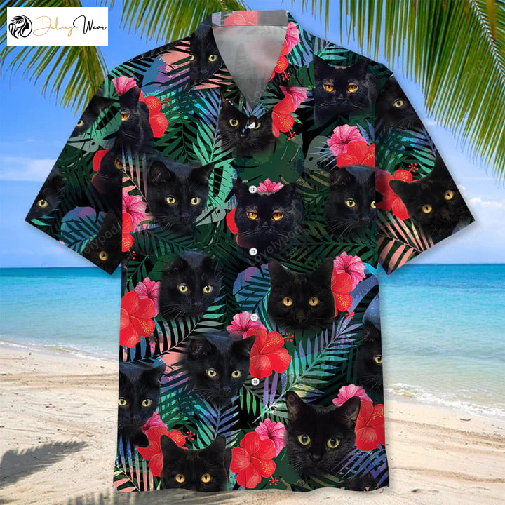 Black Cat Tropical Hawaiian Shirt Gift for Men Dad Father – Unisex Summer Beach Casual Short Sleeve Vacation Shirts