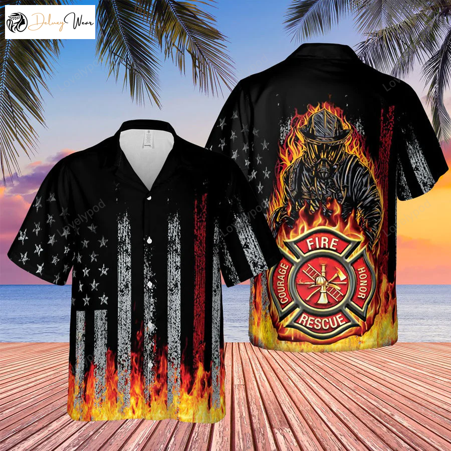 Black Flag American Firefighter Badge Hawaiian Tshirt – Fired Design
