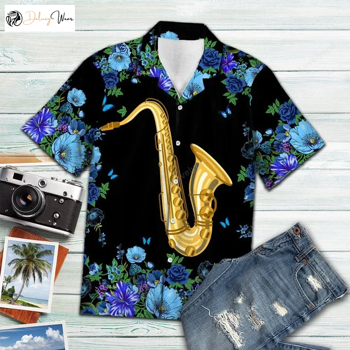 Stylish Blue Flower Frame Saxophone Hawaiian Shirt Gift for Men Dad Father – Black Pattern Cover
