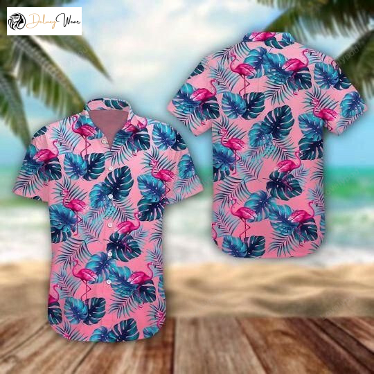 Stylish Blue Leaf Flamingo Hawaiian Shirt Gift for Men Dad Father – Trendy Ornamental Design for a Stylish Look