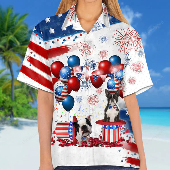 4th of July Hawaiian Shirt Gift for Men Dad Father: Boston Terrier Independence Day Attire for Men & Women