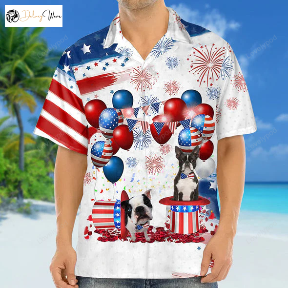 4th of July Hawaiian Shirt Gift for Men Dad Father: Boston Terrier Independence Day Attire for Men & Women