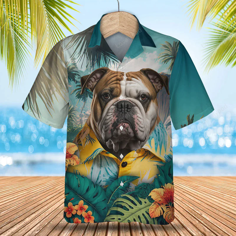 Bulldog 3D Tropical Hawaiian Shirt Gift for Men Dad Father – Fun Summer Gift for Dog Lovers