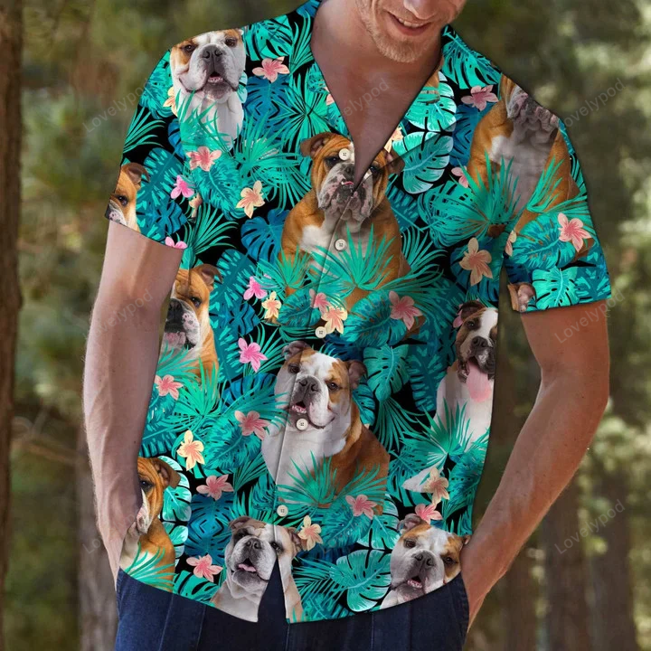 Bulldog Lovers Tropical Palm Tree Leaves Shirt Summer Vacation Aloha Hawaiian Style