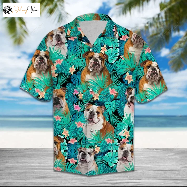 Bulldog Lovers Tropical Palm Tree Leaves Shirt Summer Vacation Aloha Hawaiian Style