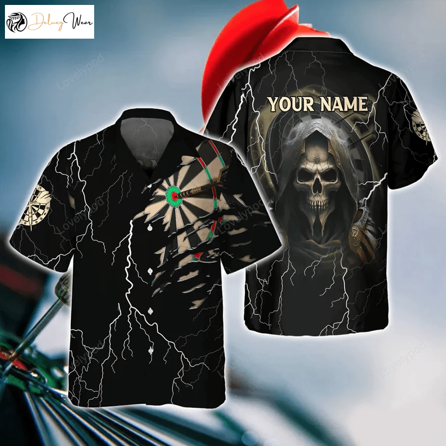 Bullseye Dartboard Thunder Personalized Name Hawaiian Shirt Gift for Men Dad Father – 3D Grim Reaper & Darts Skull Design for Dart Team Players
