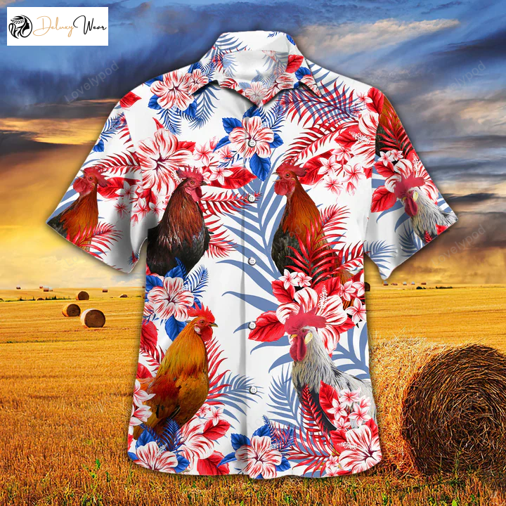 Chicken Cattle Lovers Hawaiian Shirt Gift for Men Dad Father – American Flag Aloha Flowers for Men & Women