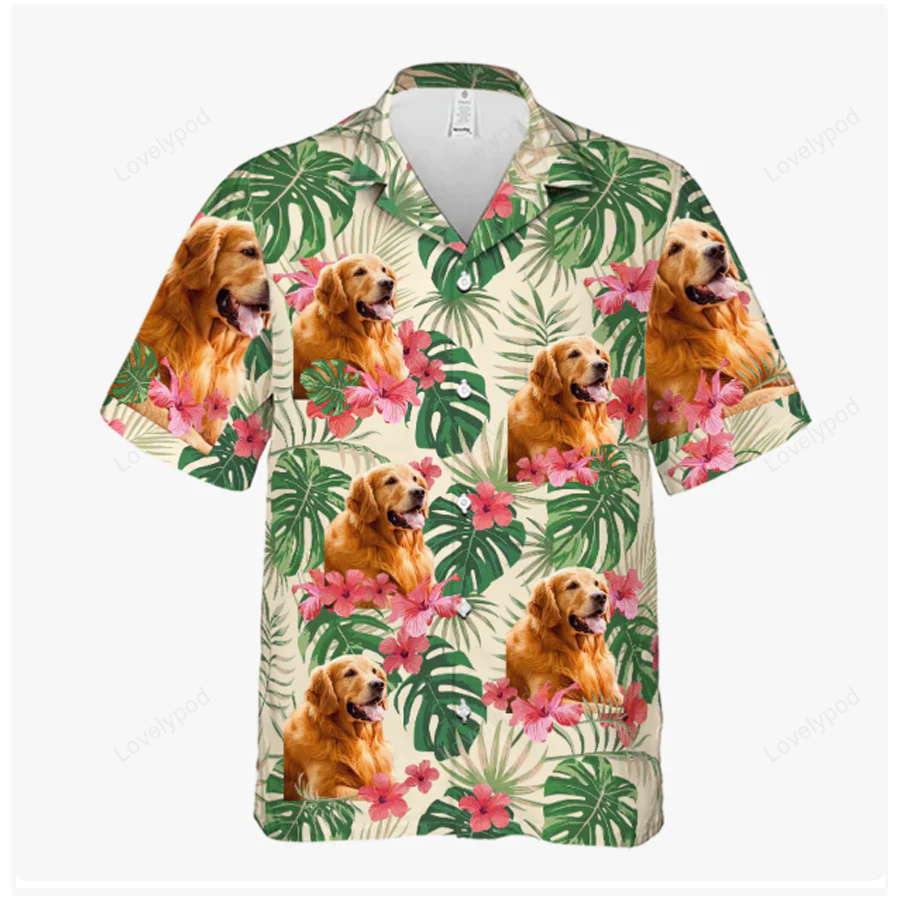 Vibrant Tropical Flowers & Leaves – Personalized Hawaiian Shirt Gift for Men Dad Father for Dogs & Cats – Upload Image Dog & Cat Face