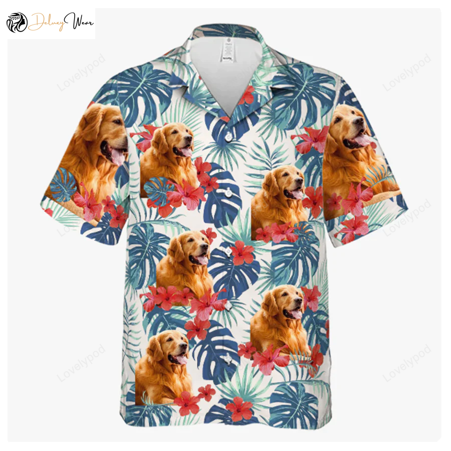 Vibrant Tropical Flowers & Leaves – Personalized Hawaiian Shirt Gift for Men Dad Father for Dogs & Cats – Upload Image Dog & Cat Face