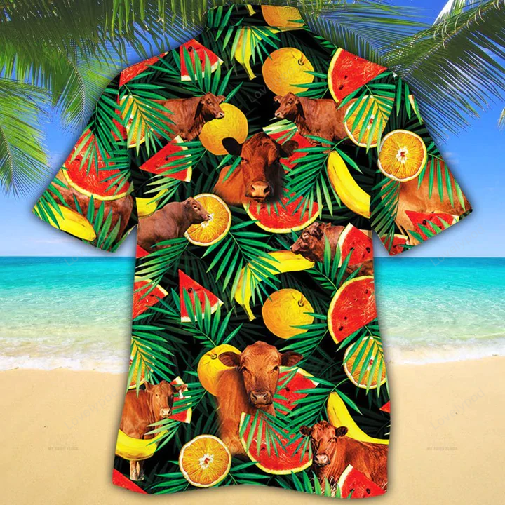 Red Angus Cattle Lovers Hawaiian Shirt Gift for Men Dad Father – Tropical Fruits Aloha Shirt for Cow Enthusiasts