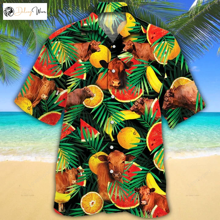 Red Angus Cattle Lovers Hawaiian Shirt Gift for Men Dad Father – Tropical Fruits Aloha Shirt for Cow Enthusiasts