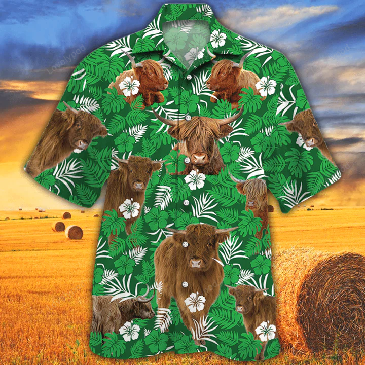 Highland Cattle Lovers Cow Hawaiian Shirt Gift for Men Dad Father – Green Floral Pattern for Men & Women