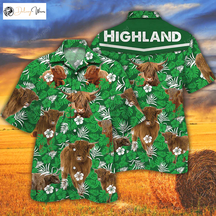 Highland Cattle Lovers Cow Hawaiian Shirt Gift for Men Dad Father – Green Floral Pattern for Men & Women