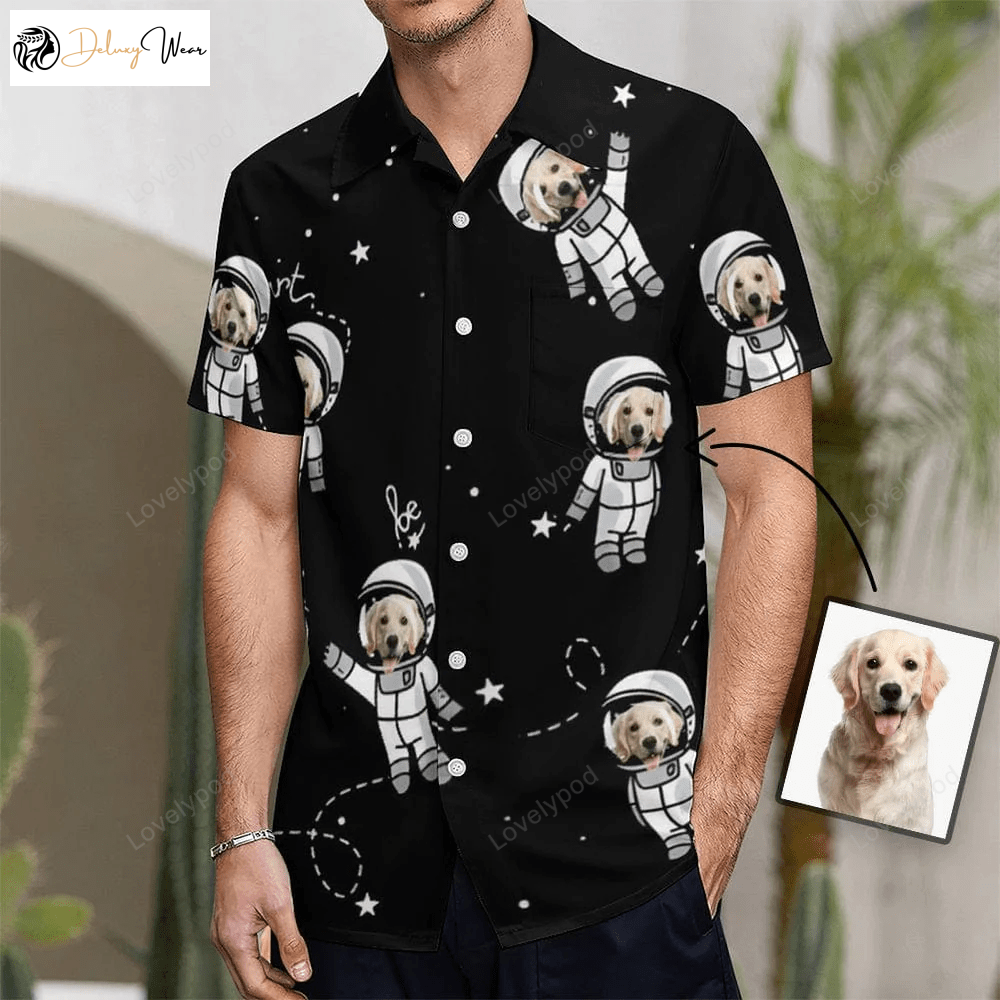 Custom Dog Face Astronaut Black Shirt – Unique Men s Hawaiian Beach Short Sleeve Gift