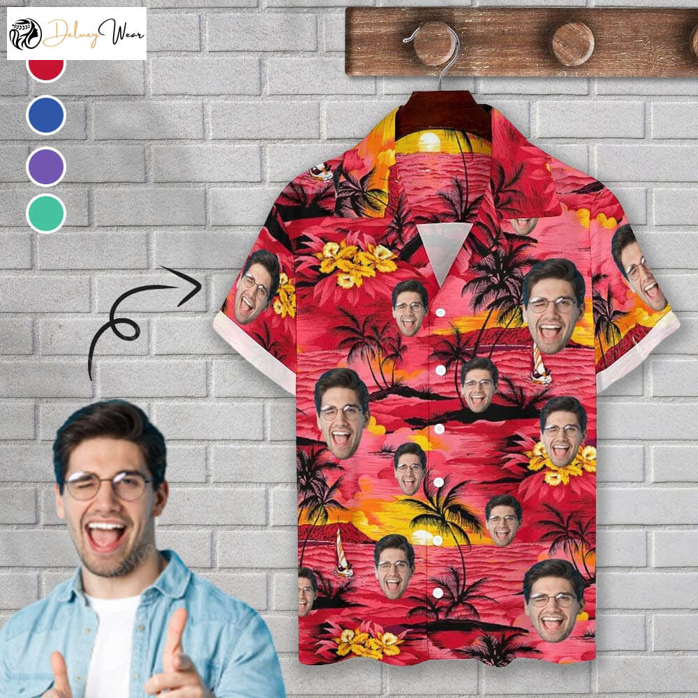 Vibrant Custom Red Sea Sunset Cuban Collar Hawaiian Shirt Gift for Men Dad Father for Husband or Boyfriend