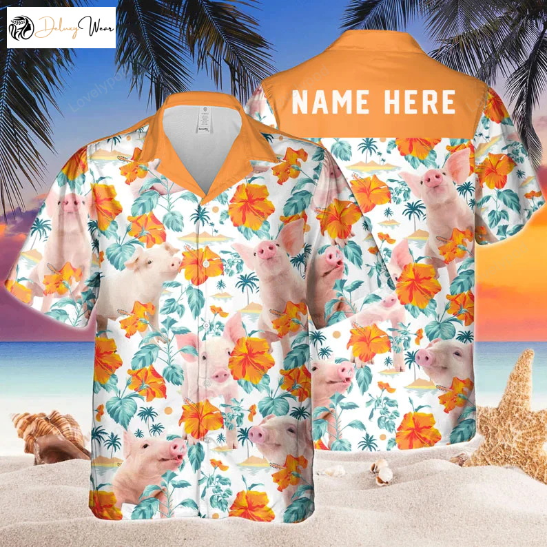 Custom Name Funny Pig Hawaiian Shirt Gift for Men Dad Father 3D Printed Hibiscus Flowers Design