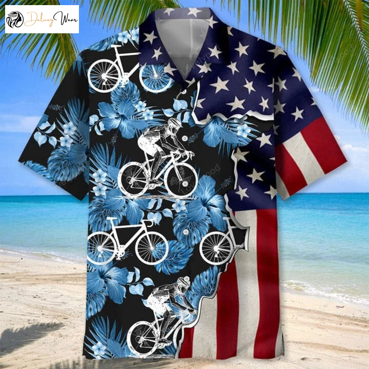 Cycling Tropical USA Flag Hawaiian Shirt Gift for Men Dad Fathers – 3D Full Print Cycling Hawaii Aloha Beach Shirt