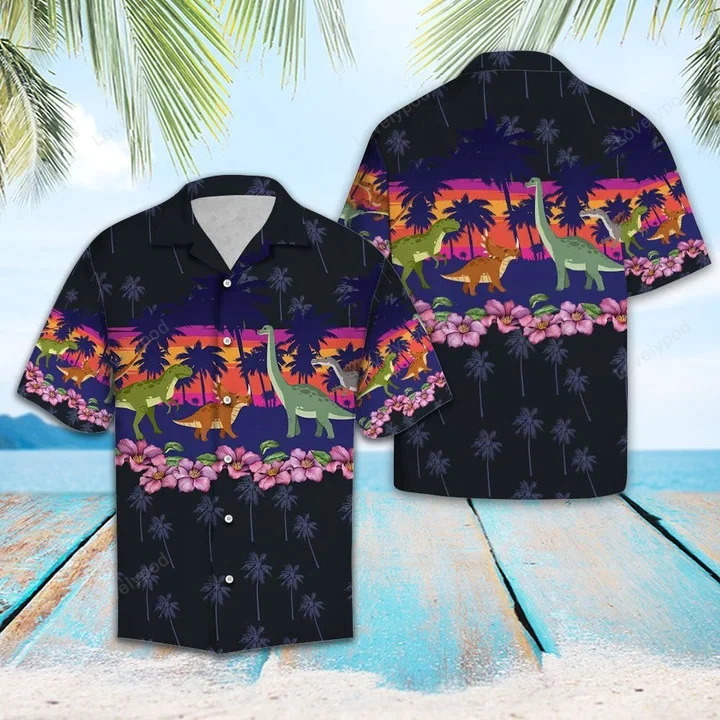 Dinosaur Border Chest Print Black Hawaiian Shirt Gift for Men Dad Father – Unique & Stylish Men s Summer Attire