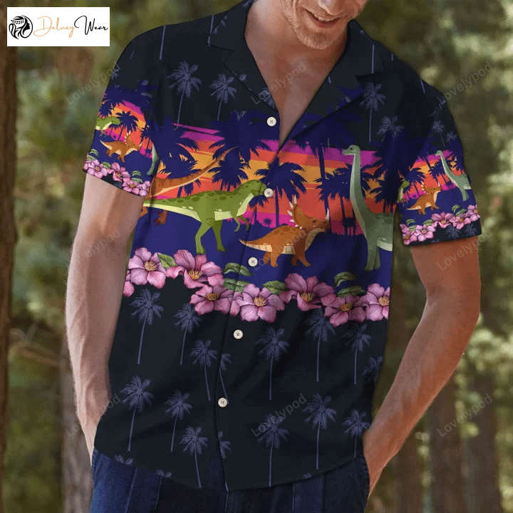 Dinosaur Border Chest Print Black Hawaiian Shirt Gift for Men Dad Father – Unique & Stylish Men s Summer Attire