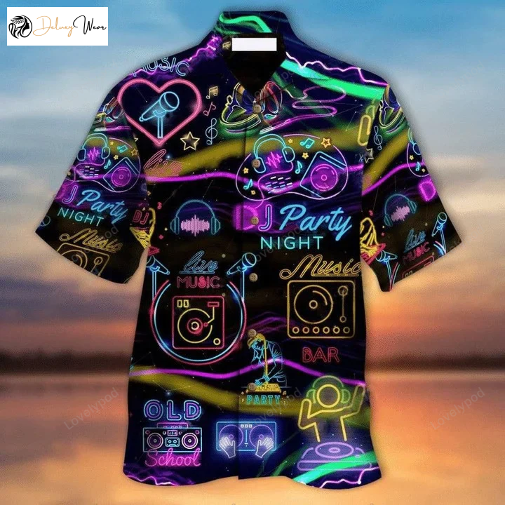 Neon Pattern Hawaiian Shirt Gift for Men Dad Father for Dj Music Party Night – Vibrant & Stylish