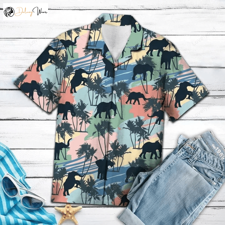 Vintage Hawaiian Aloha Shirts: Elephant Coconut Palm Summer Gift for Men & Women
